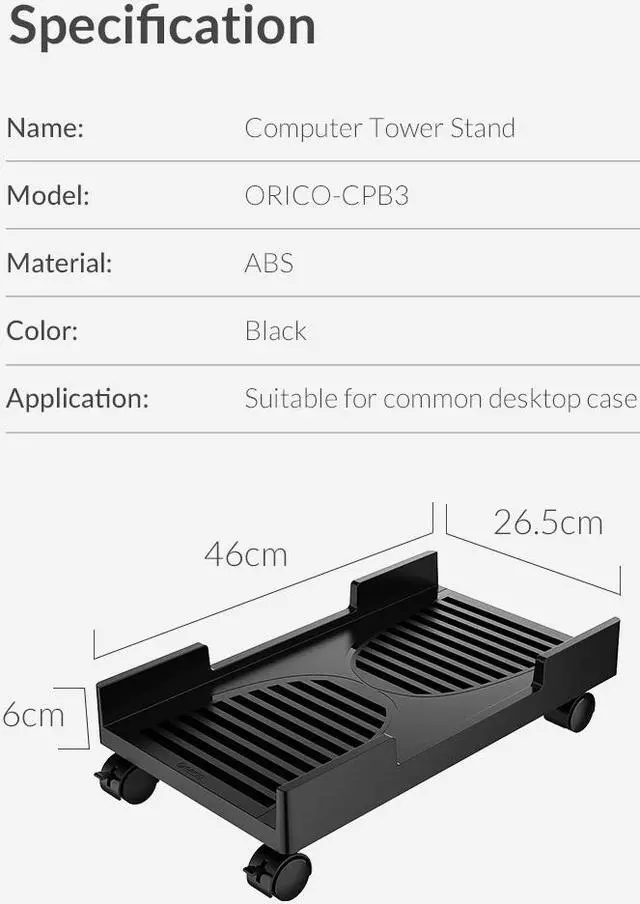 Alt view image 6 of 7 - ORICO Computer Tower Stand, Mobile CPU Holder with 4 Caster Wheels Fits for Most Computer Tower, Gaming PC, Printer, Under Desk PC Holder (Black,17.71*9.25*1.57in)