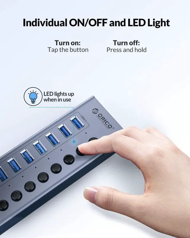 Alt view image 5 of 7 - USB 3.0 Hub ORICO Powered 10 Ports USB Data Hub with Individual Switches and Indicator, 12V Power Adapter Support BC1.2 Charging, USB Extension for iMac Pro, MacBook Air/Mini, PS4, Surface Pro, PC
