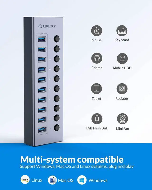 Alt view image 2 of 7 - USB 3.0 Hub ORICO Powered 10 Ports USB Data Hub with Individual Switches and Indicator, 12V Power Adapter Support BC1.2 Charging, USB Extension for iMac Pro, MacBook Air/Mini, PS4, Surface Pro, PC