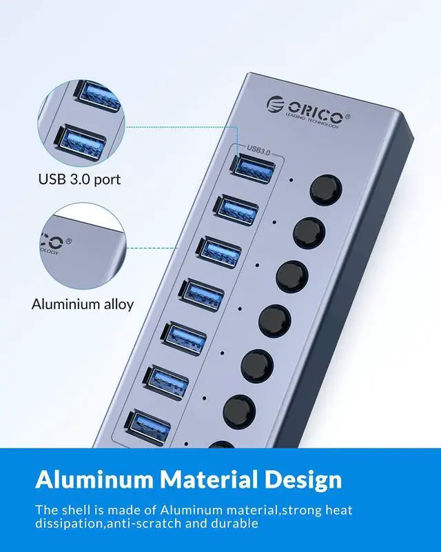 Alt view image 6 of 7 - USB 3.0 HUB ORICO Powered 13 Ports USB Data Hub with Individual Switches and Indicator, 12V Power Adapter Support BC1.2 Charging, USB Extension for iMac Pro, MacBook Air/Mini, PS4, Surface Pro, PC
