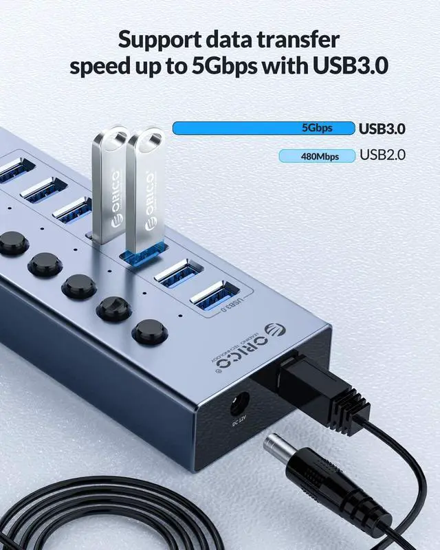 Alt view image 4 of 7 - USB 3.0 Hub ORICO Powered 10 Ports USB Data Hub with Individual Switches and Indicator, 12V Power Adapter Support BC1.2 Charging, USB Extension for iMac Pro, MacBook Air/Mini, PS4, Surface Pro, PC