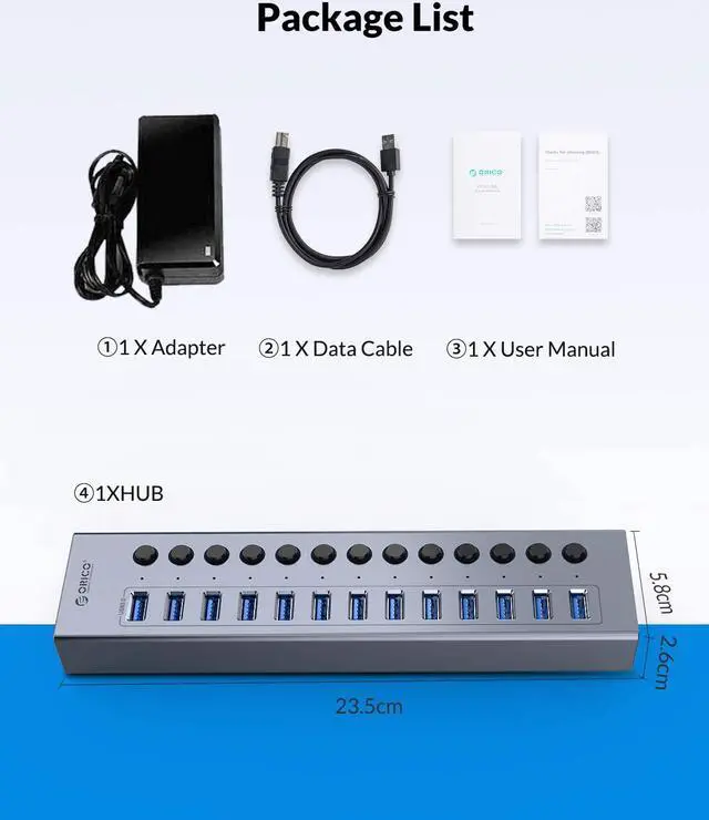 Alt view image 4 of 7 - USB 3.0 HUB ORICO Powered 13 Ports USB Data Hub with Individual Switches and Indicator, 12V Power Adapter Support BC1.2 Charging, USB Extension for iMac Pro, MacBook Air/Mini, PS4, Surface Pro, PC