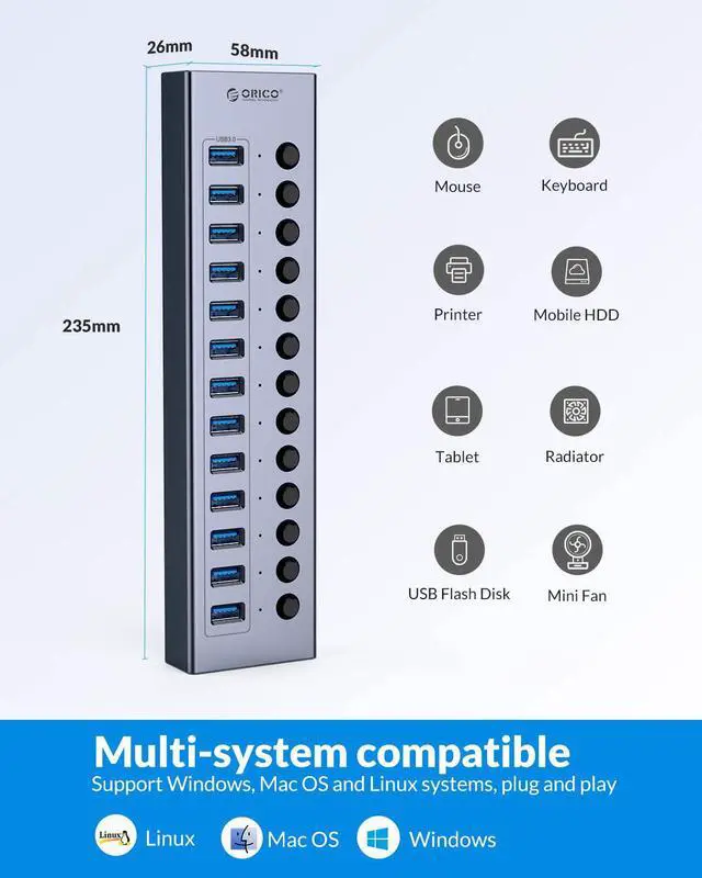 Alt view image 5 of 7 - USB 3.0 HUB ORICO Powered 13 Ports USB Data Hub with Individual Switches and Indicator, 12V Power Adapter Support BC1.2 Charging, USB Extension for iMac Pro, MacBook Air/Mini, PS4, Surface Pro, PC