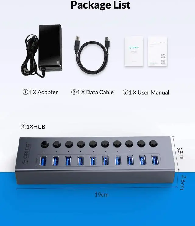 Alt view image 6 of 7 - USB 3.0 Hub ORICO Powered 10 Ports USB Data Hub with Individual Switches and Indicator, 12V Power Adapter Support BC1.2 Charging, USB Extension for iMac Pro, MacBook Air/Mini, PS4, Surface Pro, PC