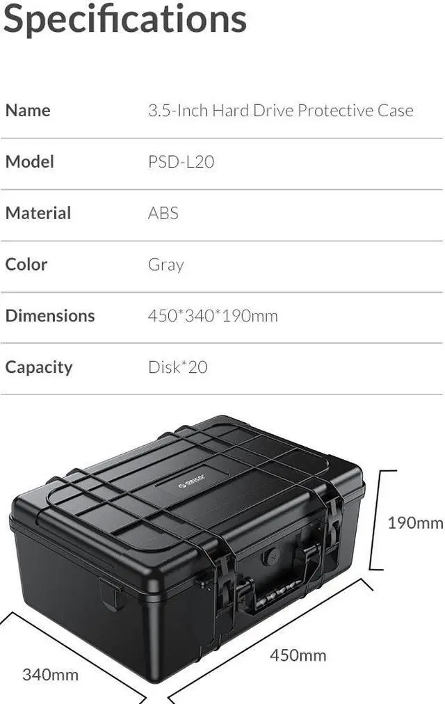 Alt view image 7 of 7 - ORICO 20-Bay 3.5 inch Hard Drive Box Multi-Protection Case 15.7 x 14.1 x 5.1 Inch  Waterproof Storage Carrying Box HDD Storage Case  Anti-Static Shock Moisture Proof for WD/Seagate/Toshiba
