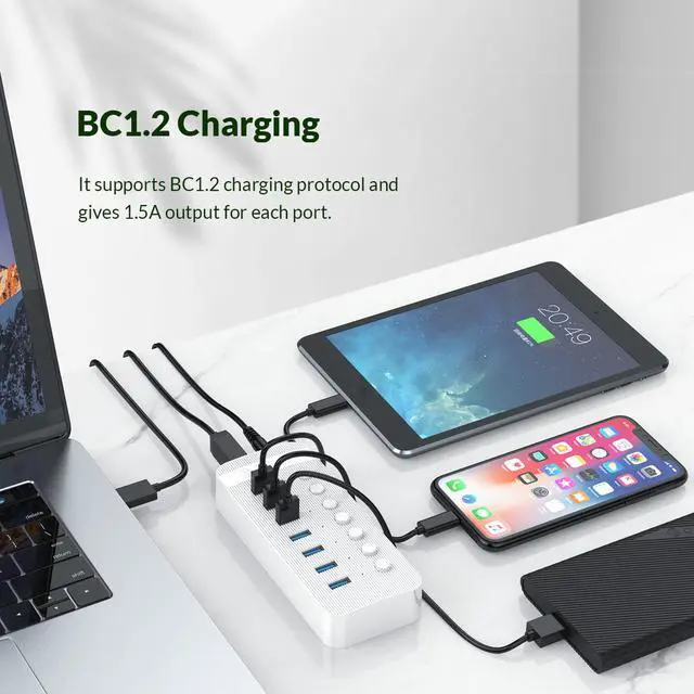 Alt view image 6 of 7 - USB 3.0 Hub ORICO Powered 10 Ports USB Data Hub with Individual Switches and Indicator, 12V Power Adapter Support BC1.2 Charging, USB Extension for iMac Pro, MacBook Air/Mini, PS4, Surface Pro, PC
