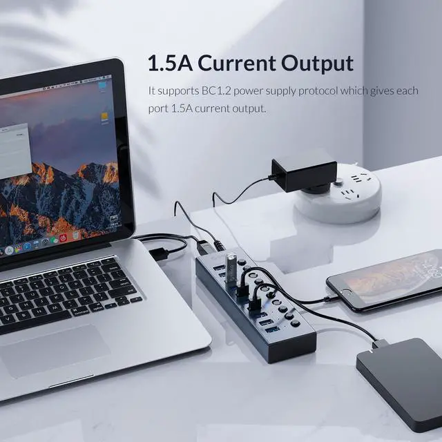 Alt view image 7 of 7 - USB 3.0 Hub ORICO Powered 10 Ports USB Data Hub with Individual Switches and Indicator, 12V Power Adapter Support BC1.2 Charging, USB Extension for iMac Pro, MacBook Air/Mini, PS4, Surface Pro, PC