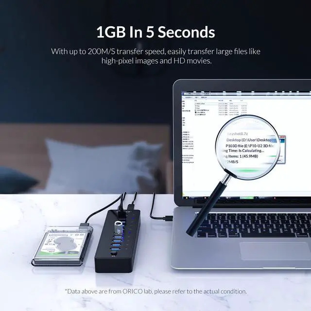 Alt view image 4 of 7 - Powered USB HUB, ORICO USB3.0 10 Port HUB With 36W (12V/3A) Power Adapter & 3.3Ft. USB Date Cable for MacBook, Mac Pro/Mini, iMac, XPS, Surface Pro, Laptop, iPhone, Galaxy Series, HDD SSD, and More