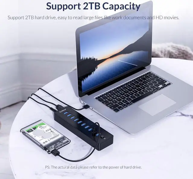 Alt view image 5 of 7 - Powered USB HUB, ORICO USB3.0 10 Port HUB With 36W (12V/3A) Power Adapter & 3.3Ft. USB Date Cable for MacBook, Mac Pro/Mini, iMac, XPS, Surface Pro, Laptop, iPhone, Galaxy Series, HDD SSD, and More