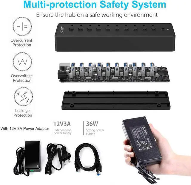 Alt view image 7 of 7 - Powered USB HUB, ORICO USB3.0 10 Port HUB With 36W (12V/3A) Power Adapter & 3.3Ft. USB Date Cable for MacBook, Mac Pro/Mini, iMac, XPS, Surface Pro, Laptop, iPhone, Galaxy Series, HDD SSD, and More
