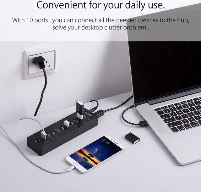 Alt view image 6 of 7 - Powered USB HUB, ORICO USB3.0 10 Port HUB With 36W (12V/3A) Power Adapter & 3.3Ft. USB Date Cable for MacBook, Mac Pro/Mini, iMac, XPS, Surface Pro, Laptop, iPhone, Galaxy Series, HDD SSD, and More