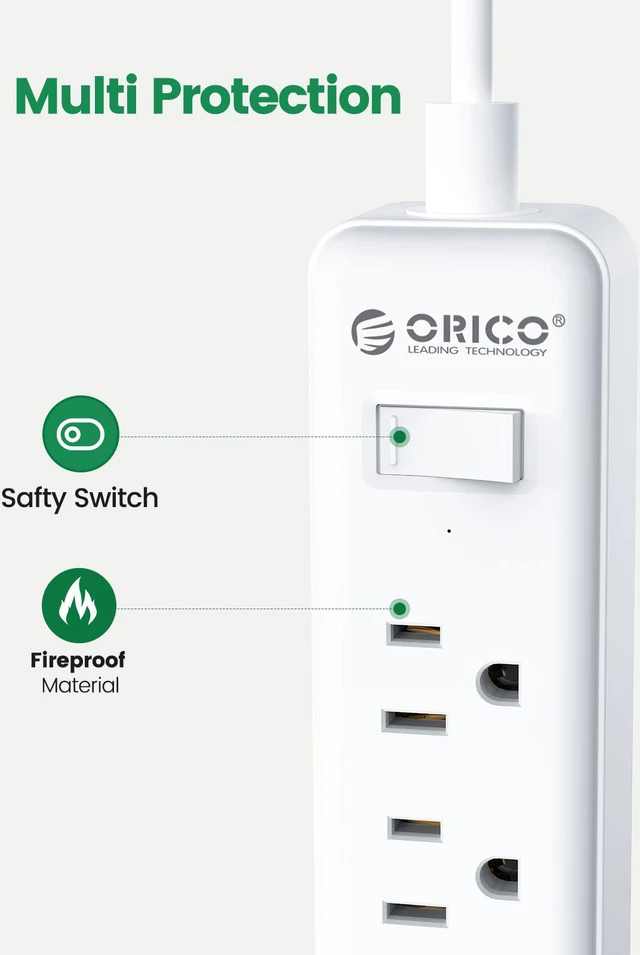 Alt view image 3 of 6 - ORICO 2Pcs 6-Outlet Surge Protector Power Strip Surge 175Joules 4.92ft Cord LED Indicator Arrest Home/Office , White Color
