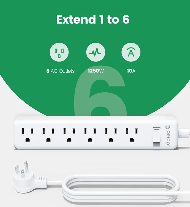 Alt view image 4 of 6 - ORICO 2Pcs 6-Outlet Surge Protector Power Strip Surge 175Joules 4.92ft Cord LED Indicator Arrest Home/Office , White Color