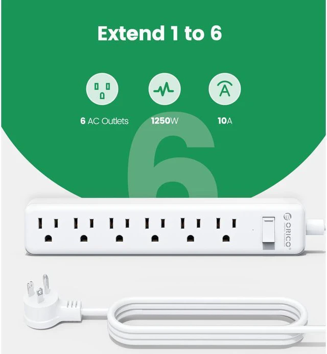 Alt view image 4 of 6 - ORICO 2 Pcs 6-Outlet Surge Protector Power Strip Surge 4.92ft Cord LED Indicator Arrest Home/Office , White Color