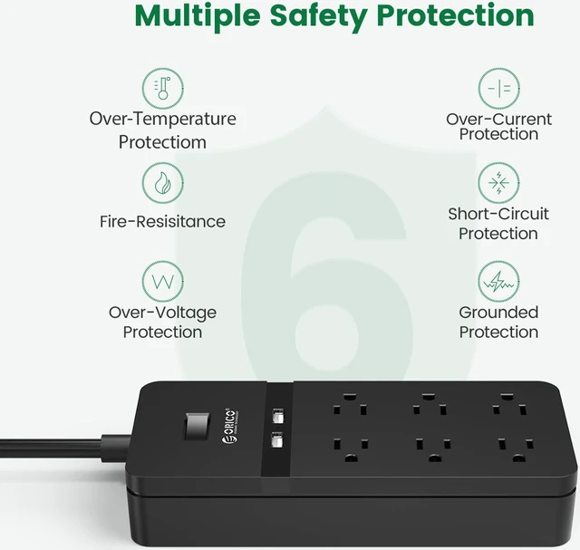 Alt view image 6 of 6 - ORICO 15 FT Power Strip 6-Outlet Surge Protector Provides a total power output of 1875W with 2 smart USB Charging Port Wall Mount for home/office/travel(Black)