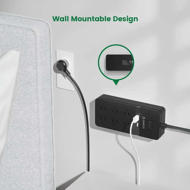 Alt view image 4 of 6 - ORICO 15 FT Power Strip 6-Outlet Surge Protector Provides a total power output of 1875W with 2 smart USB Charging Port Wall Mount for home/office/travel(Black)