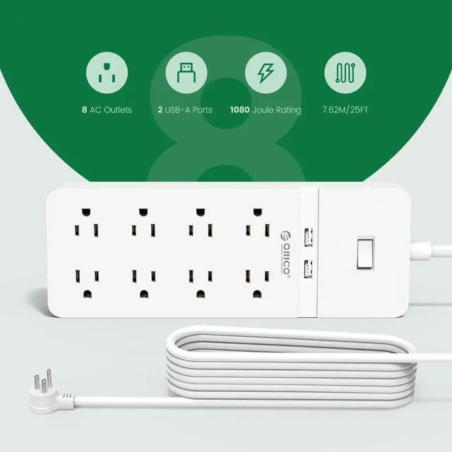 Alt view image 2 of 6 - ORICO 25 FT Extension Cord  8 Outlets & 2 Quick Charge USB Ports with 45° Right Angle Flat Plug Extension Cord for iPhone XS/XS Max/XR/X, Galaxy,for Home, Office Wall Mount  (White)