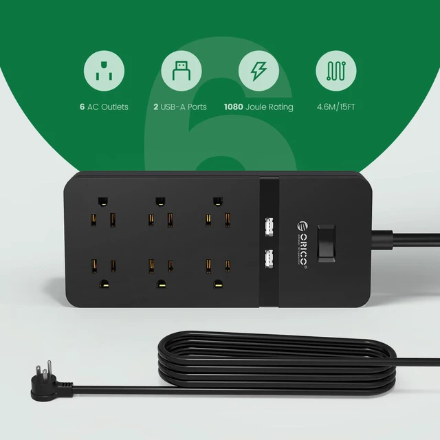 Alt view image 2 of 6 - ORICO 15 FT Power Strip 6-Outlet Surge Protector Provides a total power output of 1875W with 2 smart USB Charging Port Wall Mount for home/office/travel(Black)