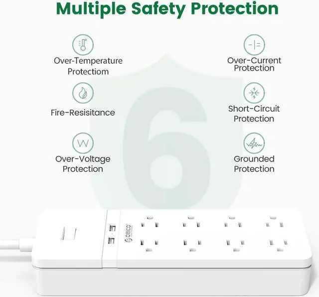 Alt view image 4 of 6 - ORICO 25 FT Extension Cord  8 Outlets & 2 Quick Charge USB Ports with 45° Right Angle Flat Plug Extension Cord for iPhone XS/XS Max/XR/X, Galaxy,for Home, Office Wall Mount  (White)