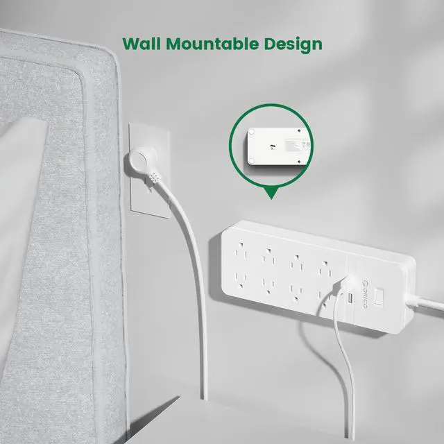 Alt view image 5 of 6 - ORICO 25 FT Extension Cord  8 Outlets & 2 Quick Charge USB Ports with 45° Right Angle Flat Plug Extension Cord for iPhone XS/XS Max/XR/X, Galaxy,for Home, Office Wall Mount  (White)