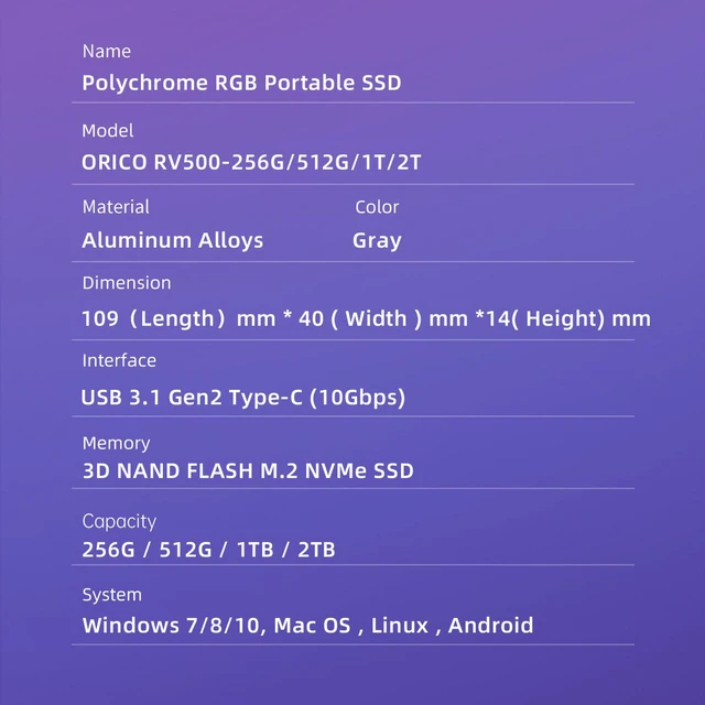 Alt view image 7 of 7 - ORICO RGB External Portable SSD USB 3.1 Gen2 Type-C 1TB M.2 NVMe External Hard Drive SSD 512GB 256GB Solid State Drive (RV500)