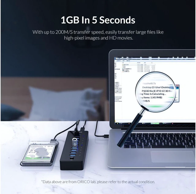 Alt view image 3 of 6 - ORICO USB3.0 10 Port Powered HUB With 36W (12V/3A) Power Adapter & 3.3Ft. USB Date Cable for MacBook, Mac Pro/Mini, iMac, XPS, Surface Pro, Laptop, iPhone, Galaxy Series, HDD SSD, and More