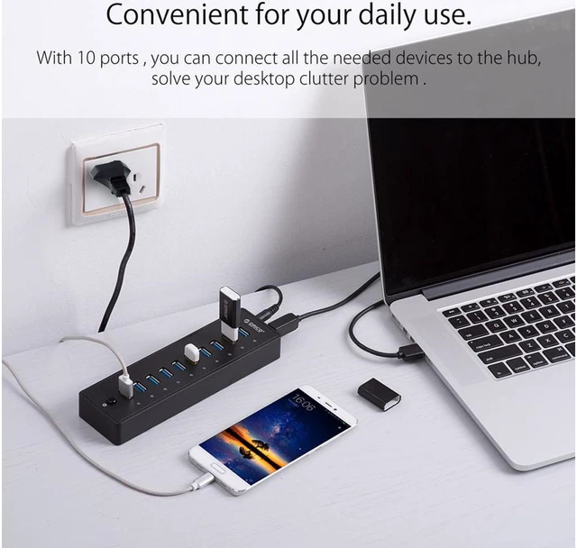 Alt view image 5 of 6 - ORICO USB3.0 10 Port Powered HUB With 36W (12V/3A) Power Adapter & 3.3Ft. USB Date Cable for MacBook, Mac Pro/Mini, iMac, XPS, Surface Pro, Laptop, iPhone, Galaxy Series, HDD SSD, and More
