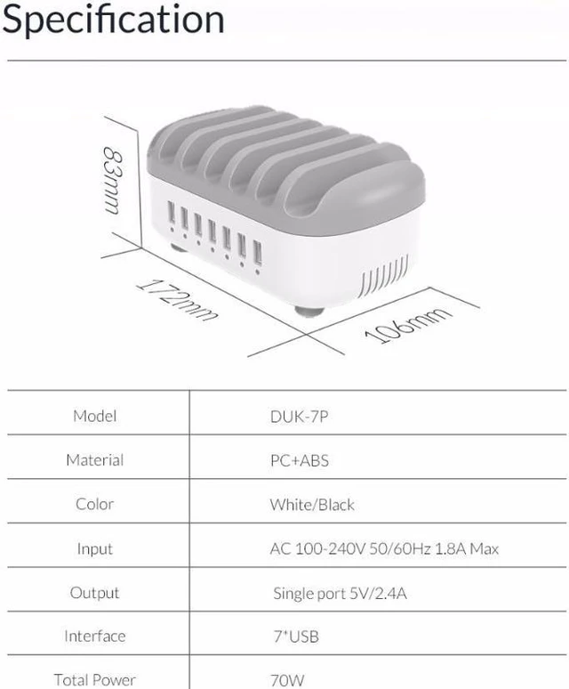 Alt view image 7 of 7 - ORICO 7 Ports USB Charger Station Dock with Holder USB Charger 70W 5V2.4A*7 USB Charging(DUK-7P)