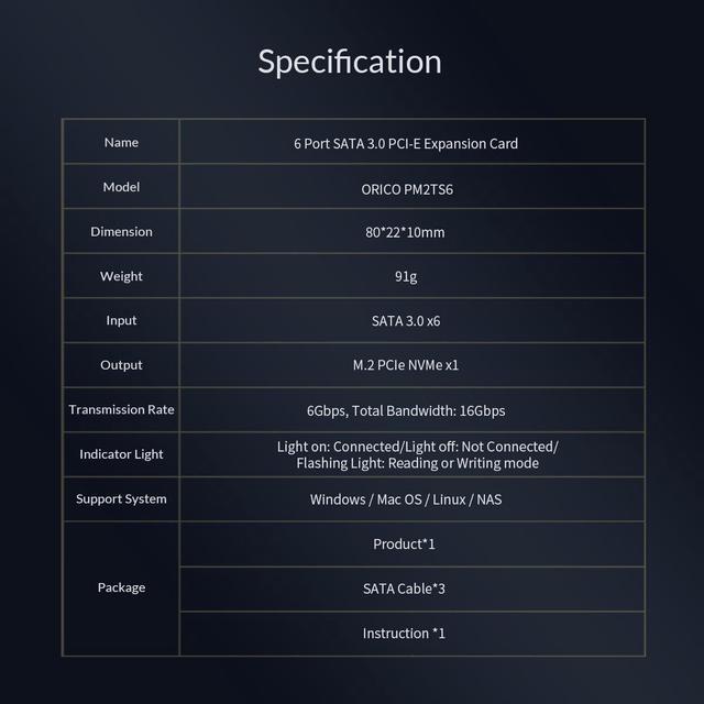 Alt view image 6 of 7 - ORICO M.2 PCIe M Key to 6 x SATA 6Gbps Adapter Card for Desktop PC Support RAID-PM2TS6