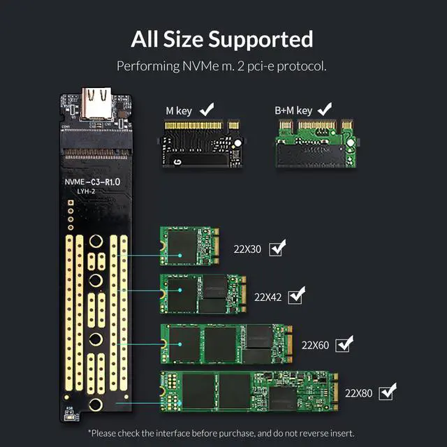 Alt view image 5 of 7 - ORICO M.2 NVMe SSD Case for PCIE M Key M+B Key SSD Disk USB 3.1 GEN 2 Aluminum Heatsink Enclosure 10Gbps Support Up to 2TB With Type C to C Cable
