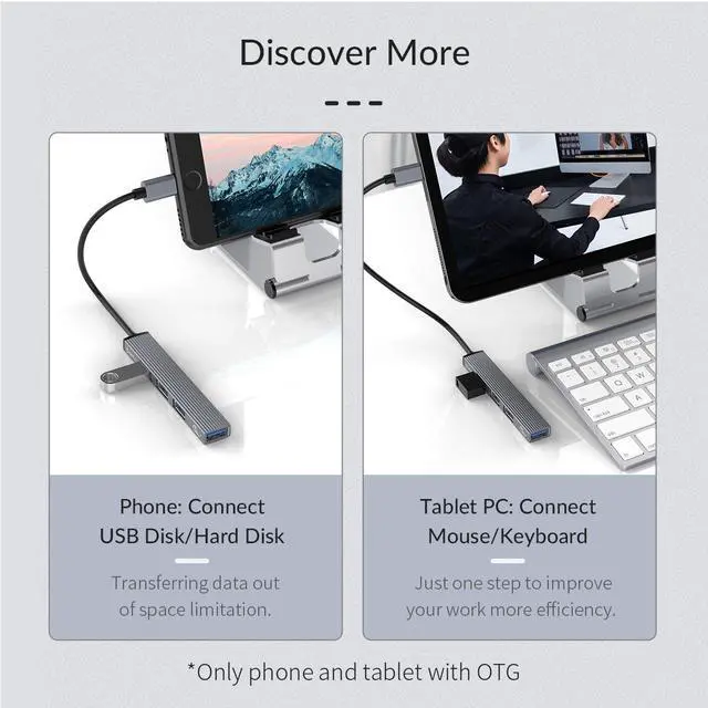 Alt view image 3 of 7 - Aluminum 4 Port USB C HUB, ORICO Type C to USB 3.0, 3x 2.0 Ultra Slim Portable Splitter HUB for MacBook Pro, iPad Pro, XPS, Pixelbook, and More