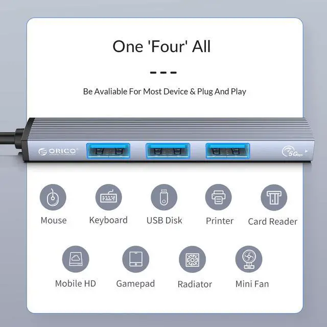 Alt view image 6 of 7 - Aluminum 4 Port USB C HUB, ORICO Type C to USB 3.0, 3x 2.0 Ultra Slim Portable Splitter HUB for MacBook Pro, iPad Pro, XPS, Pixelbook, and More