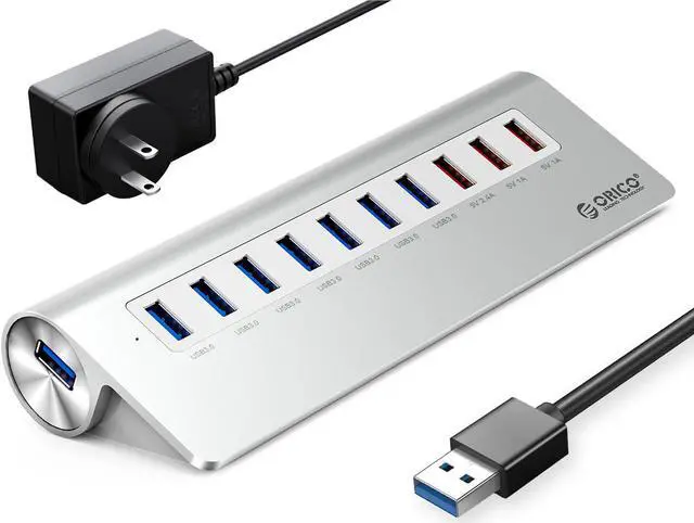 Main image of ORICO Aluminum 10 Port Super Fast Speed USB 3.0 with 7 USB3.0 Ports, 3 USB Charging Ports,36W(12V3A) Hogh Power Adapter 5Gbps Data Transfer Desktop HUB VL812 Chipset for Mac,Windows,XP,Vista and Linux