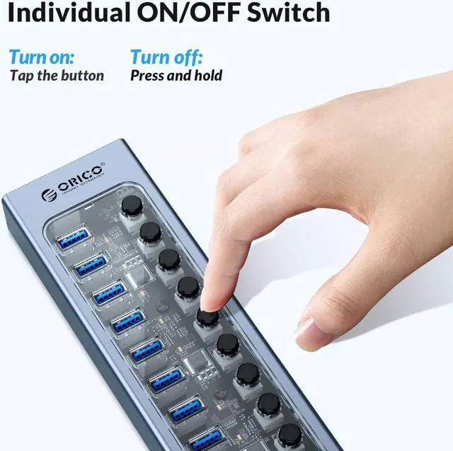 Alt view image 2 of 7 - ORICO USB Hub 3.0 Powered 16 Ports USB Data Hub with 12V6.5A Power Adapter, Individual Power Switches, and LEDs, USB Extension for iMac Pro, MacBook Air/Mini, PS4, Surface Pro, Notebook PC, Laptop