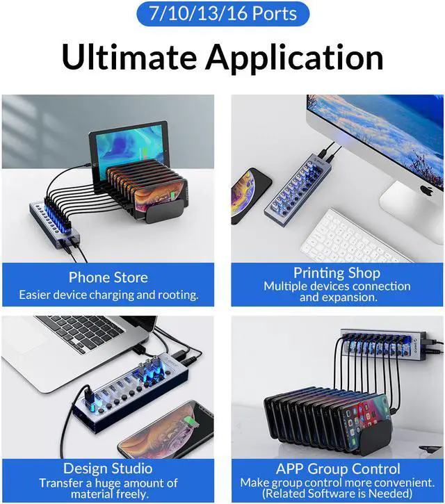 Alt view image 5 of 7 - ORICO USB Hub 3.0 Powered 16 Ports USB Data Hub with 12V6.5A Power Adapter, Individual Power Switches, and LEDs, USB Extension for iMac Pro, MacBook Air/Mini, PS4, Surface Pro, Notebook PC, Laptop