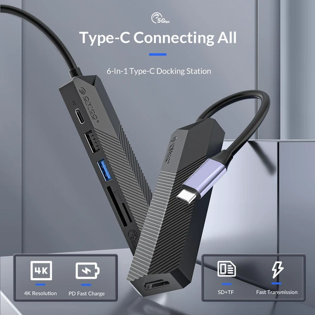 Alt view image 3 of 7 - ORICO USB C HUB Type C to 4K HDMI-Compatible-compatible USB 3.0 2.0 TF Adapter , 5 in 1 Type C Dock Splitter for MacBook Pro Accessories 4K HDMI-Compatible+USB 3.0+SD+TF