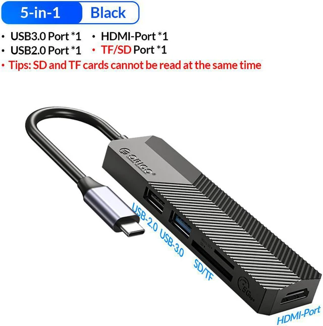 Alt view image 2 of 7 - ORICO USB C HUB Type C to 4K HDMI-Compatible-compatible USB 3.0 2.0 TF Adapter , 5 in 1 Type C Dock Splitter for MacBook Pro Accessories 4K HDMI-Compatible+USB 3.0+SD+TF