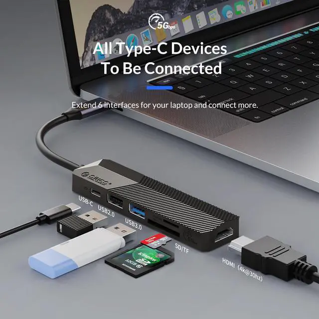 Alt view image 3 of 7 - USB C Hub, ORICO PowerExpand 6-in-1 USB C to HDMI-Compatible Adapter with 55W PD, USB 3.0, USB 2.0,SD/Micro SD Card Reader Compatible for MacBook Pro, iPad Pro, XPS, Pixelbook, and More