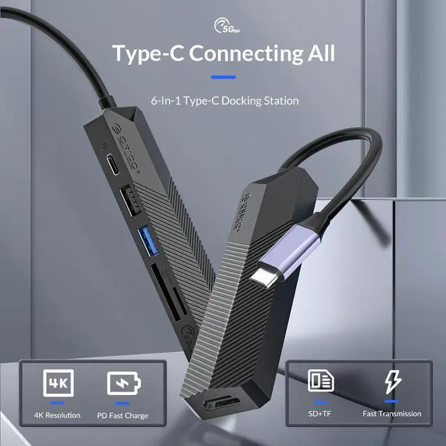 Alt view image 2 of 7 - USB C Hub, ORICO PowerExpand 6-in-1 USB C to HDMI-Compatible Adapter with 55W PD, USB 3.0, USB 2.0,SD/Micro SD Card Reader Compatible for MacBook Pro, iPad Pro, XPS, Pixelbook, and More
