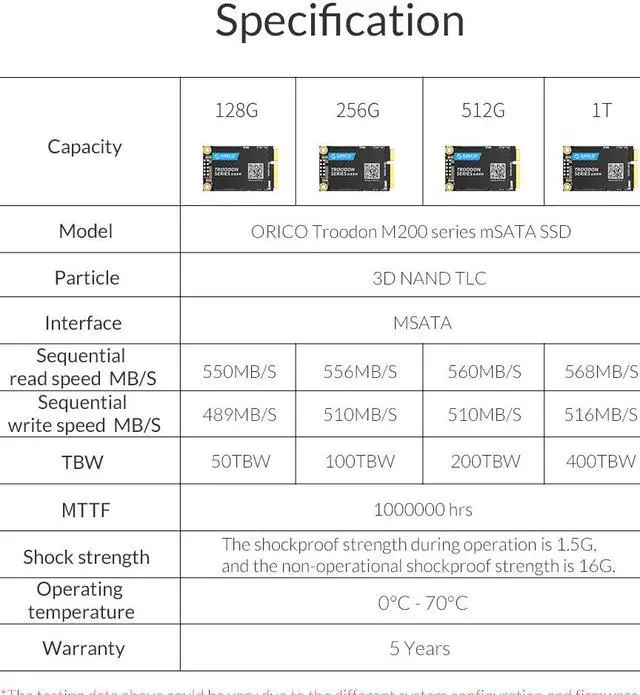 Alt view image 7 of 7 - ORICO mSATA 128GB SATA III 3D NAND Internal SSD TLC - mSATA3.0 6Gbps Internal Solid State Drive for Desktop Laptop  (M200)