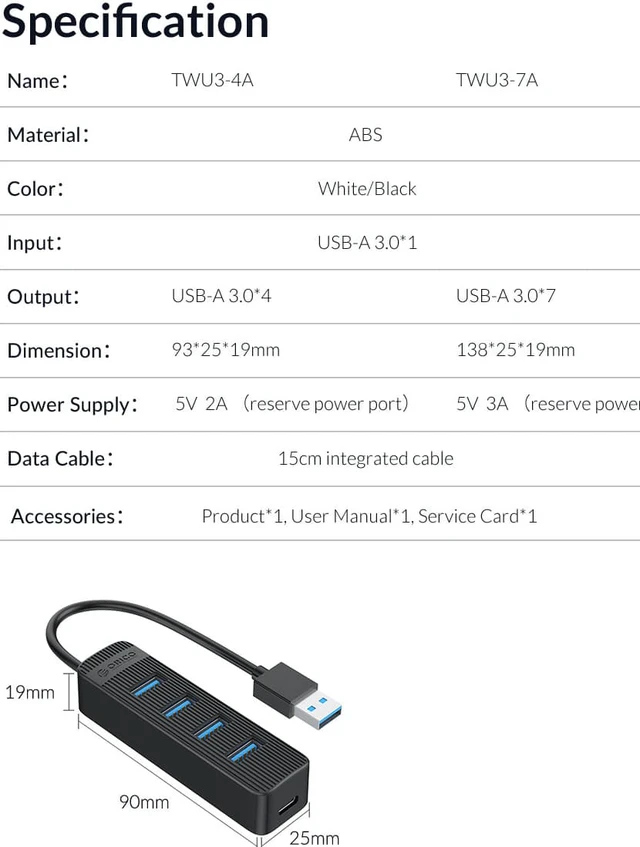 Alt view image 7 of 7 - ORICO USB 3.0 Hub, 7 Port Data Hub with Power Supply Port for MacBook, iMac, Surface Pro, XPS, Laptop, Notebook,Flash Drives, Mobile HDD, and More
