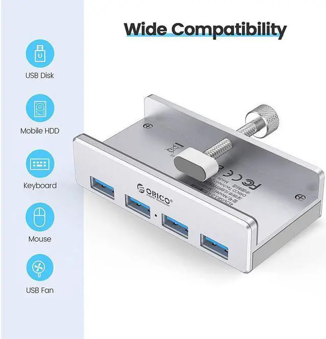 Alt view image 7 of 7 - ORICO Powered USB Hub With 4 USB 3.0 Ports, Compact Space-Saving Mountable with Extra Power Supply Port and 4.92ft USB Data Cable, Ultra-Portable USB Expander for MacBook Air/Laptop/PC-Aluminum