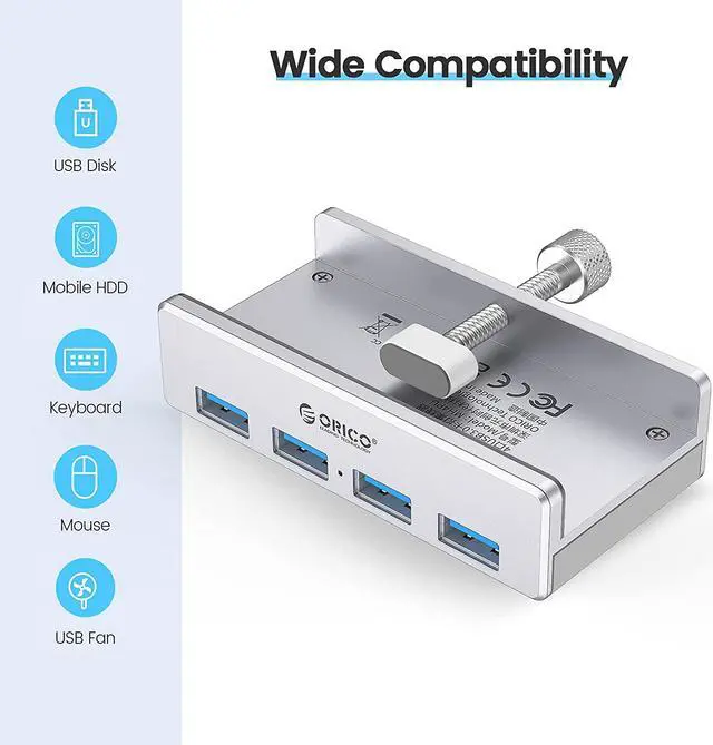 Alt view image 3 of 7 - ORICO Powered USB Hub Type C to USB 3.0 Adapter with 4 USB 3.0 Ports, Compact Space-Saving Mountable Aluminum USB Hub, Fast Speed Transfer with Type C to Type A Data Cable, Clamp Design for Desktop