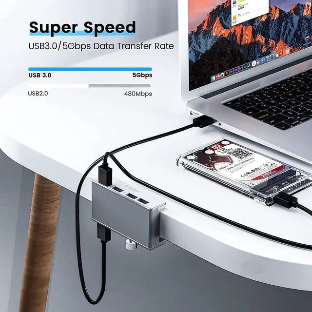 Alt view image 4 of 7 - ORICO Powered USB Hub Type C to USB 3.0 Adapter with 4 USB 3.0 Ports, Compact Space-Saving Mountable Aluminum USB Hub, Fast Speed Transfer with Type C to Type A Data Cable, Clamp Design for Desktop