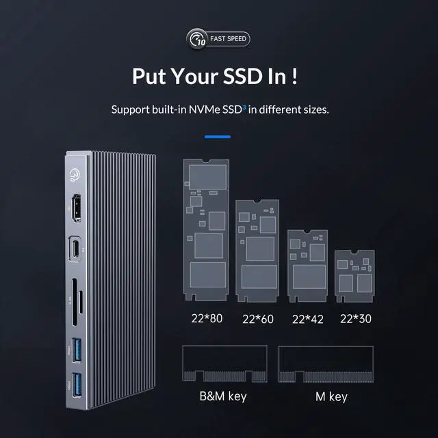 Alt view image 4 of 7 - ORICO USB-C Docking Station with M.2 NVMe SSD Enclosure(Max 4TB), 9-in-1 USB-C Hub Adapter, PD 100W, 3 x 10Gbps USB3.1 USB-A, Type-C, 4K HDMI, TF/SD, Ethernet RJ45, Audio for MacBook/ Dell/HP Laptops