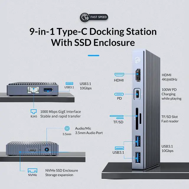 Alt view image 2 of 7 - ORICO USB-C Docking Station with M.2 NVMe SSD Enclosure(Max 4TB), 9-in-1 USB-C Hub Adapter, PD 100W, 3 x 10Gbps USB3.1 USB-A, Type-C, 4K HDMI, TF/SD, Ethernet RJ45, Audio for MacBook/ Dell/HP Laptops