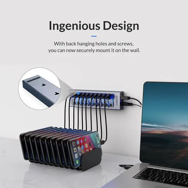 Alt view image 4 of 7 - ORICO USB Hub 3.0 Powered 13 Ports USB Data Hub with 12V5A Power Adapter, Individual Power Switches, and LEDs, USB Extension for iMac Pro, MacBook Air/Mini, PS4, Surface Pro, Notebook PC, Laptop