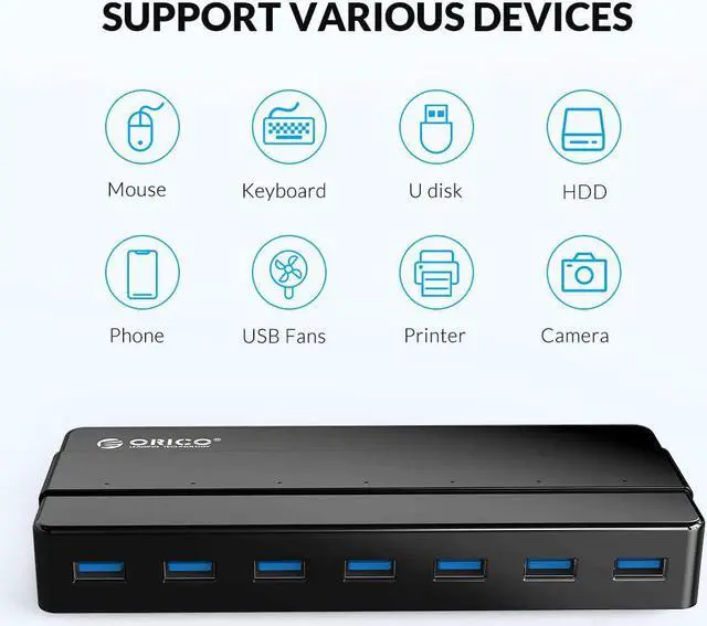 Alt view image 3 of 7 - Powered 7-Port USB 3.0 Hub, ORICO USB Data Hub with 12V Power Adapter, Multi USB 3.0 Splitter with 3.3 Ft Long USB Cable for PC, Laptop, Keyboard, Mouse, HDDs and More-Black