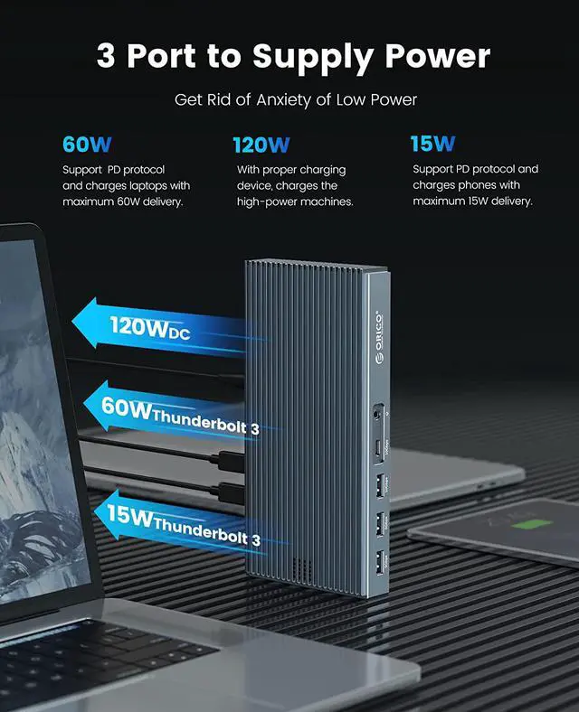 Alt view image 5 of 7 - ORICO 8K Thunderbolt 3 Dock with M.2 NVMe NGFF Enclosure- 9 in 1 USB C Laptop Docking Staion with 65W Power Delivery, Display 8K@60Hz, Dual 4K, Gigabit Ethernet For Thunderbolt 3 Notebook/ Laptops