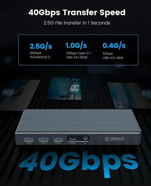 Alt view image 4 of 7 - ORICO 8K Thunderbolt 3 Dock with M.2 NVMe NGFF Enclosure- 9 in 1 USB C Laptop Docking Staion with 65W Power Delivery, Display 8K@60Hz, Dual 4K, Gigabit Ethernet For Thunderbolt 3 Notebook/ Laptops